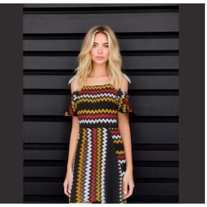 MSGM Off-Shoulder Mini Dress Black Size S Chevron Pattern Pockets Cocktail Party